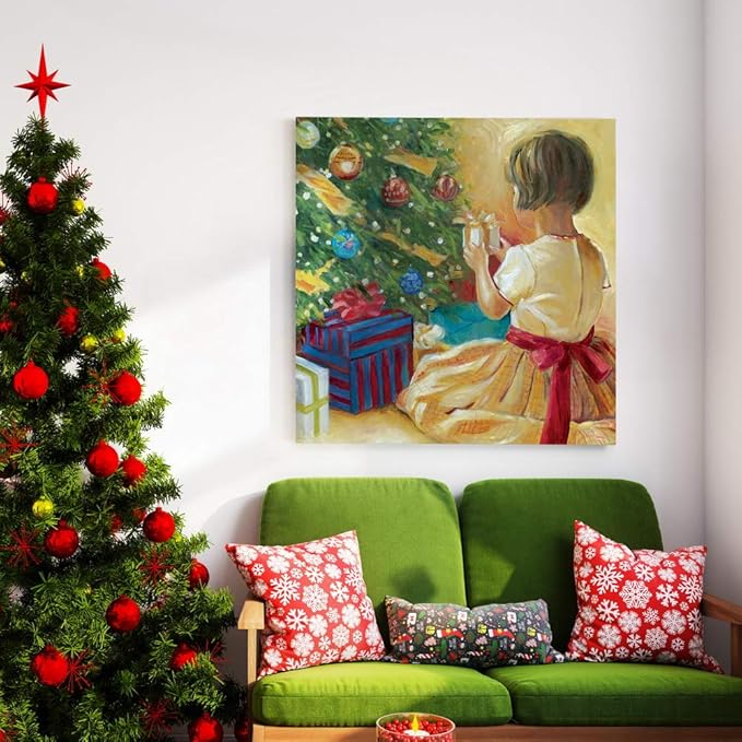 Renditions Gallery Christmas Morning Wall Art, Little Girl with Gift by Christmas Tree, Winter Artwork, Yellow & Red, Premium Gallery Wrapped Canvas, Ready to Hang, 32 in H x 32 in W, Made in America