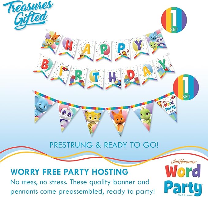 Treasures Gifted Officially Licensed Jim Henson’s Word Party Birthday Supplies - Serves 16 Guests - Ultimate Set Birthday Decorations - Word Party Decorations - Banner, Plates & More