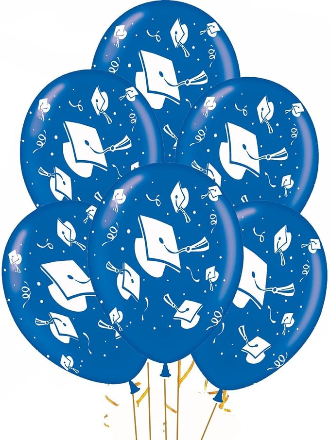 PMU 100 Pcs Blue Graduation Balloons Class of 2025 with All-Over Print White Grad Caps-Confetti and Streamers | Graduation Party Supplies | Congratulations Grad Latex Balloons Latex
