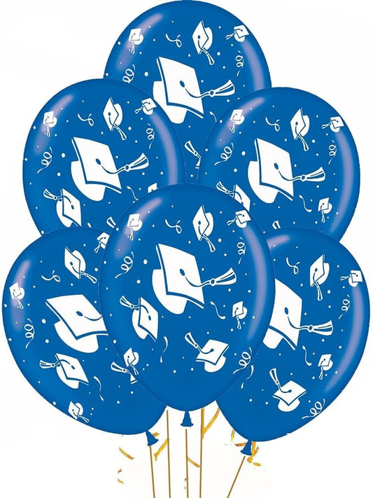 PMU 100 Pcs Blue Graduation Balloons Class of 2025 with All-Over Print White Grad Caps-Confetti and Streamers | Graduation Party Supplies | Congratulations Grad Latex Balloons Latex