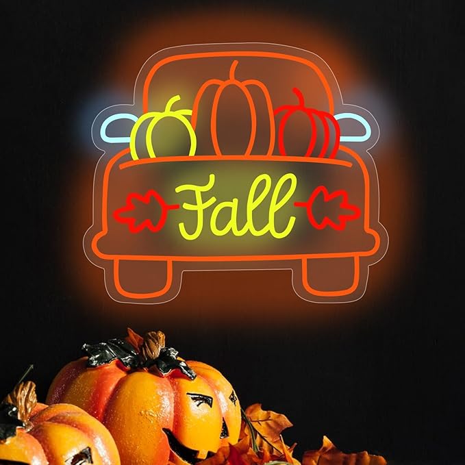 Thanksgiving Pumpkin Carriage Led Neon Sign, Fall Truck LED Light, Fall Thanksgiving Decor LED Neon Light Pumpkin Truck Neon Sign Autumn Home Farmhouse Decor,15.2"x13"