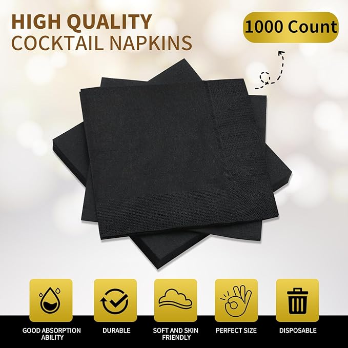 Cocktail Napkins - 1000 Count 2-Ply Black Napkins Disposable, 4.75 x 4.75 Inch Folded Paper Napkins Bulk Beverage Napkins for Dinner Wedding Bar Party and Everyday Use