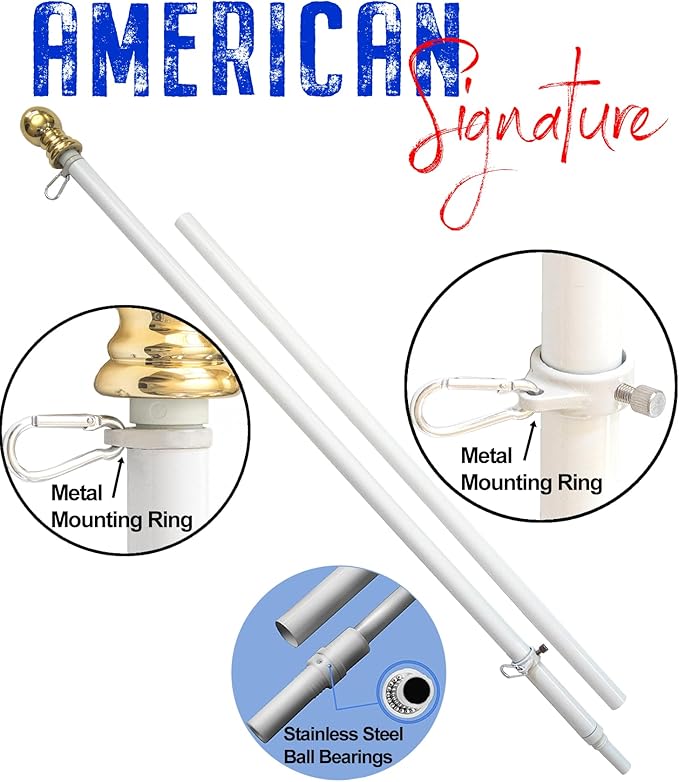 American flag and pole kit set: Includes a 3x5 ft Embroidered US flag made in USA, 6 ft aluminum tangle free spinning flag pole with carabiners, and flagpole holder wall mount bracket (White)