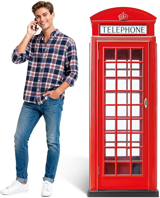6 Ft Red British Phone Booth Cardboard Cutout English Telephone Booth Stand up Cutout Life Size Classic Red Telephone Box Prop for British Theme Birthday Party Graduation Office Event Decor
