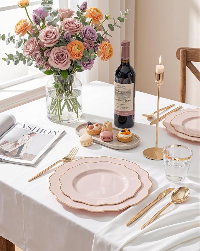 bUCLA 180PCS Pink Plastic Plates - Pink with Gold Rim Disposable for Party Include 30 Each (Dinner & Dessert) Plates, 30 Knives, 30 Forks, 30 Spoons, 30 Cups for Wedding, Birthday & Shower
