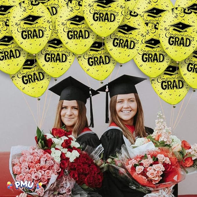 PMU 100 Pcs Crystal Yellow Graduation Balloons Class of 2025 with All-Over Print White Grad Caps-Confetti and Streamers | Graduation Party Supplies | Congratulations Grad Latex Balloons Latex