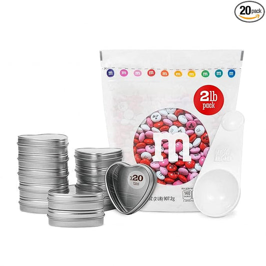 M&M’S Valentine's Day Chocolate Gift Kit, 2lb Red Pink White M&M'S with Messages, 20 Heart-Shaped Silver Tins for Personalized Candy Favors, Galentine’s Gifts, Party Favors, Office Candy Treat Bags