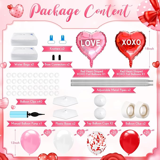 Kasyat 2 Set Valentines Day Balloons Column Stand Kit Red Pink White Arch Garland Kit, Love Heart Foil Balloons for Women Anniversary Wedding Engagement Romantic Proposal Party Decorations