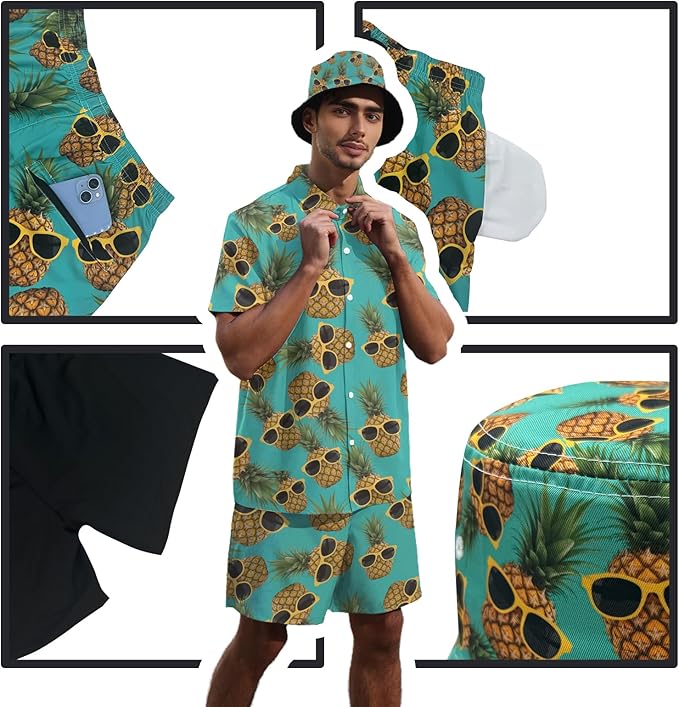 Men's Hawaiian Shirt and Shorts Set 2 Piece Beach Outfits with Bucket Hats for Beach Days and Summer Vibes
