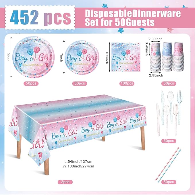 452 Pcs Gender Reveal Party Supplies for 50 Guests, Pink and Blue Gender Reveal Paper Plates Napkins Cups Tablecloth Cutlery Straws Disposable Tableware for Baby Shower Party Decoration