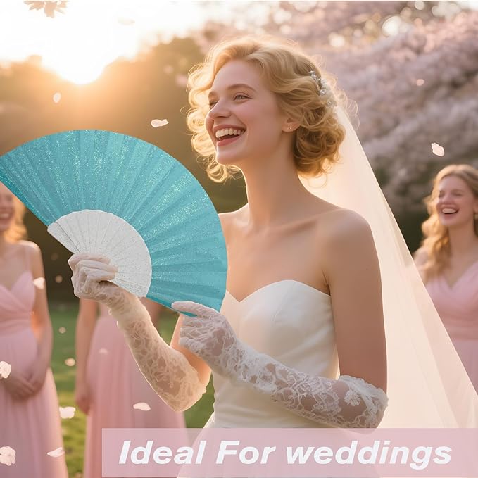 48 Pack Handheld Fan,Folding Hand Glitter Fan with Shining Transparent Fan Rib – Ideal for Wedding, Church, Festival, Dance, Tea Party, Club, and EDM Accessories, Sky Blue
