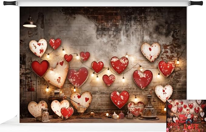 Kate Valentine Backdrop Red Love Heart Brick Wall Photo Background Valentine Chlidren Photo Booth Props, 7x5ft