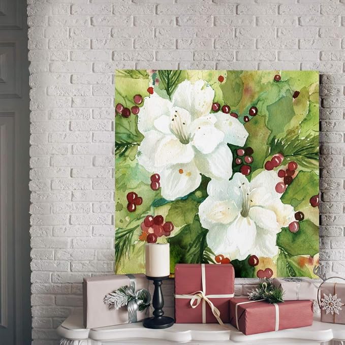 Renditions Gallery Holly Leaves Wall Art, Christmas & Winter Artwork, Festive Red & Green, Flowers, Floral, Premium Gallery Wrapped Canvas Decor, Ready to Hang, 40 in H x 40 in W, Made in America