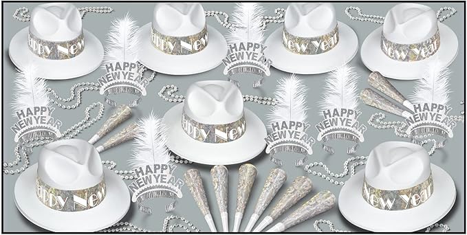 Beistle LA Swing Silver Assortment for 50 People – New Year’s Eve Party Kit with Velour Fedoras, Plumed Tiaras, Prismatic Horns and Party Bead Necklace Accessories for Elegant NYE Group Celebrations