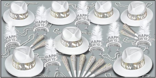 Beistle LA Swing Silver Assortment for 50 People – New Year’s Eve Party Kit with Velour Fedoras, Plumed Tiaras, Prismatic Horns and Party Bead Necklace Accessories for Elegant NYE Group Celebrations