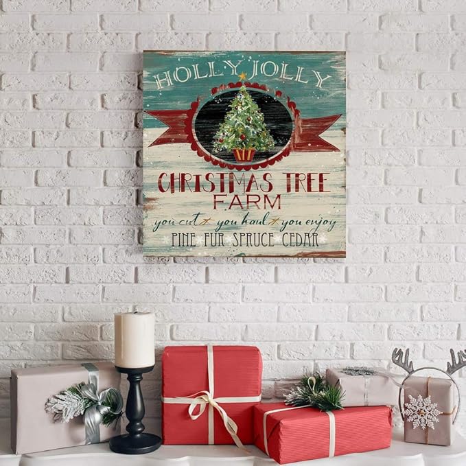 Renditions Gallery Holly Jolly Christmas Tree Farm Wall Art, Cute Winter Decor, Vintage Faux Wood Look, Festive, Premium Gallery Wrapped Canvas, Ready to Hang, 40 in H x 40 in W, Made in America