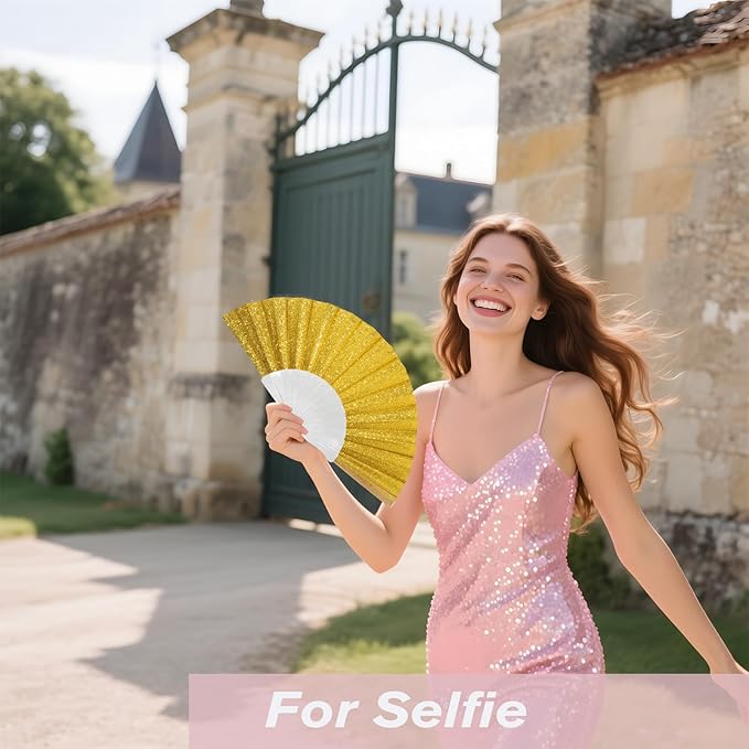 24 Pack Handheld Fan,Folding Hand Glitter Fan with Shining Transparent Fan Rib – Ideal for Wedding, Church, Festival, Dance, Tea Party, Club, and EDM Accessories, Yellow