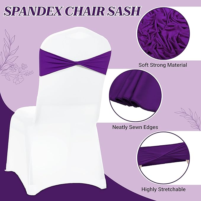 VDS Pack of 75 PCS | Purple | Spandex Chair Sashes Bows Without Buckle | Stretch Elastic Banquet Universal Folding Chair Band Tie with for Wedding Party Conference Celebration Event Decoration