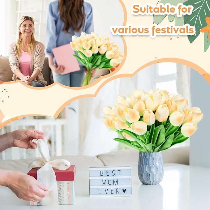 Jexine 100 Pcs Artificial Real Touch Tulips Fake Artificial Tulip Flower Bulk Bouquet with Stem for Table Centerpieces Wedding Bridal Easter Mother's Day Garden Home Decor, 13.4''(Light Champagne)