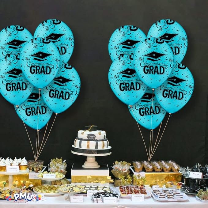 PMU 100 Pcs Turquoise Graduation Balloons Class of 2025 with All-Over Print White Grad Caps-Confetti and Streamers | Graduation Party Supplies | Congratulations Grad Latex Balloons Latex