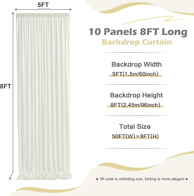 50ft x 8ft Wrinkle Free Ivory Backdrop Curtain for Parties, 10 Panels 5x8ft Silky Polyester Ivory Wedding Backdrop Drapes Photo Back Drop Cloth for Birthday Baby Shower Photography Background