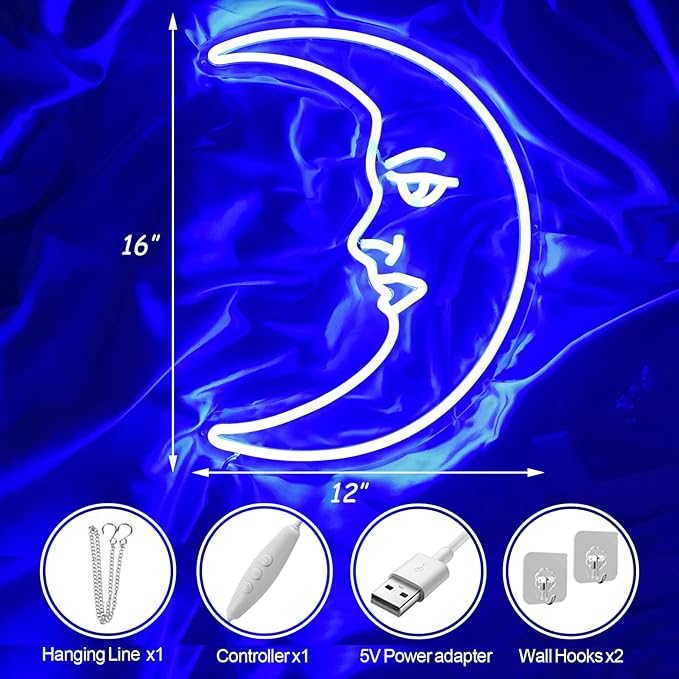 Custom Moon Face Neon Sign, Moon Neon Signs for Bearoom Wall Decor, Kid's Room LED Decorative Lights, Night Lights Indoor for Home, Bedroom, Office,Dorm,Party
