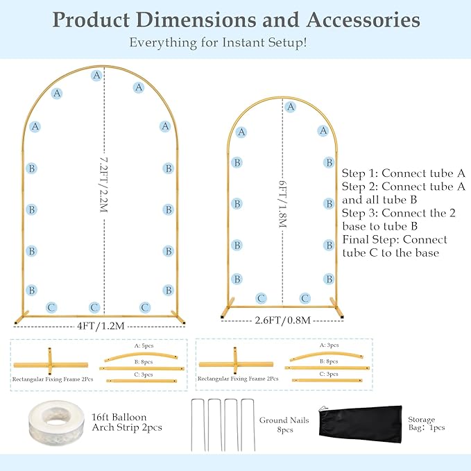 7.2FT 6FT Wedding Arch Backdrop Stand Set of 2,Metal Gold Wedding Balloon Arch Stand Kit with Base for Gender Reveal Birthday Anniversary Bridal Graduation Party Event Background Decoration
