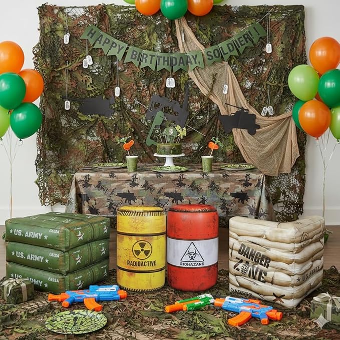 Package 8 Combat Battlefield Inflatables, Compatible Laser tag, Water Gun for Boys Birthday Party Activities and Decoration. Premiume Pack Include Water chember and Repair kit.