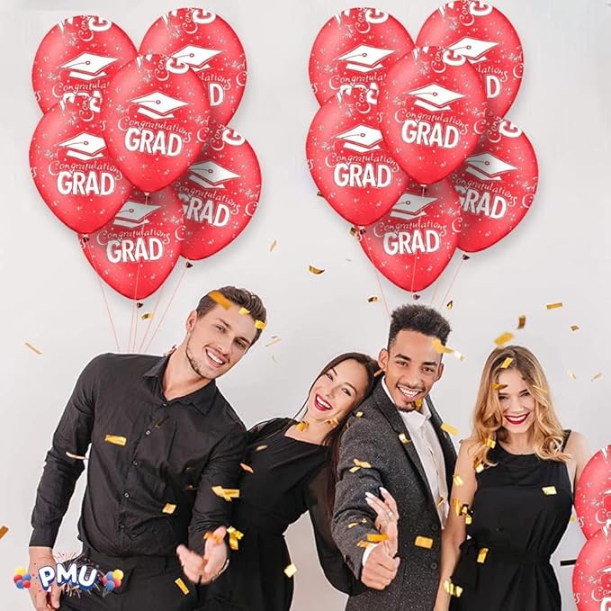 PMU 100 Pcs Red Graduation Balloons Class of 2025 with All-Over Print White Grad Caps-Confetti and Streamers | Graduation Party Supplies | Congratulations Grad Latex Balloons Latex