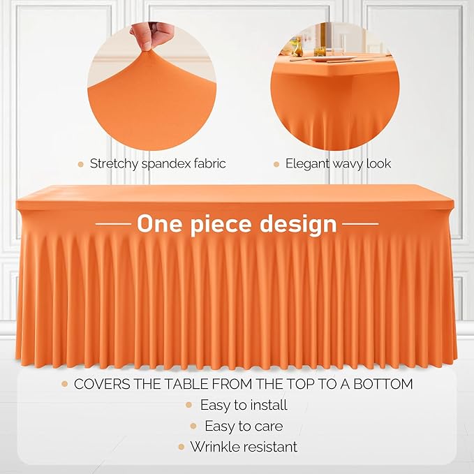 2 Packs Orange Table Clothes for 8 Foot Rectangle Tables, One-Piece Wrinkle Resistant Stretch Spandex Table Covers with Skirt for Event Banquet Wedding Birthday Party