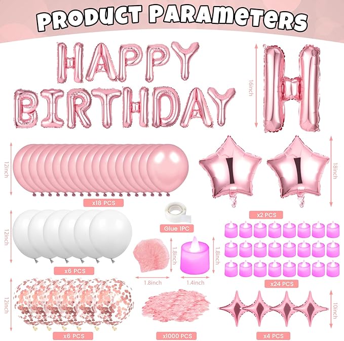 Pink Happy Birthday Balloons Decorations Pink White Birthday Balloon Letters Banner with 6 Pcs Star Balloons Artificial Rose Petal 24 Flameless LED Candles for Room Hotel Party Decorations Supplies