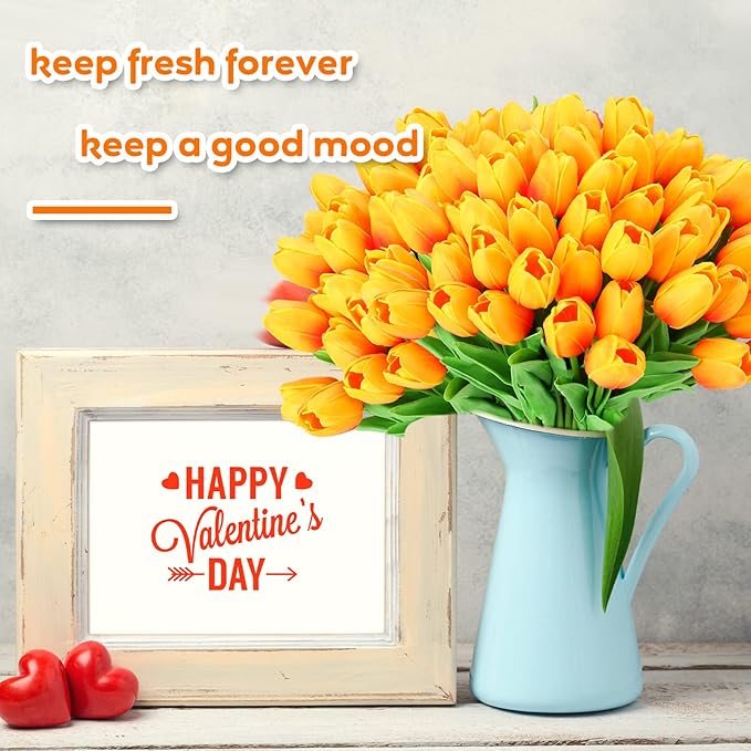 Jexine 100 Pcs Artificial Real Touch Tulips Fake Artificial Tulip Flower Bulk Bouquet with Stem for Table Centerpieces Wedding Bridal Easter Mother's Day Garden Home Decor, 13.4''(Sunset Red)
