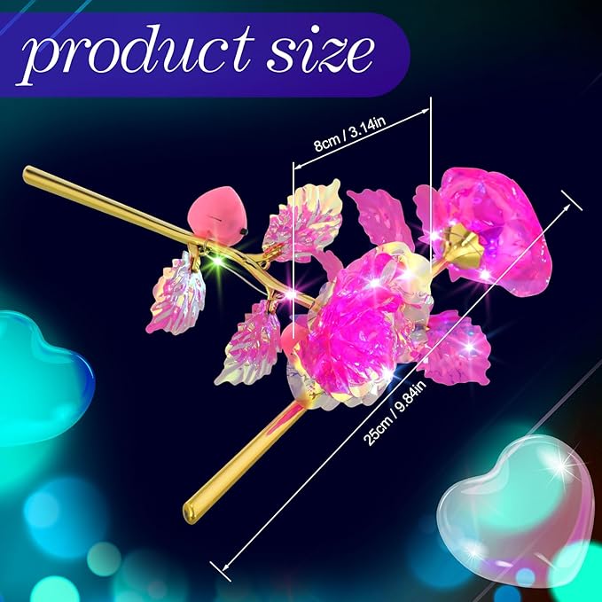 Lyrow 24 Pcs Valentines Galaxy Rose LED Light up Rose Flower Gifts Crystal Artificial Rainbow Flower for Valentine Lover Girlfriend Mom Her Mother's Day Birthday Wedding Gift, 9.84 Inches (Pink)