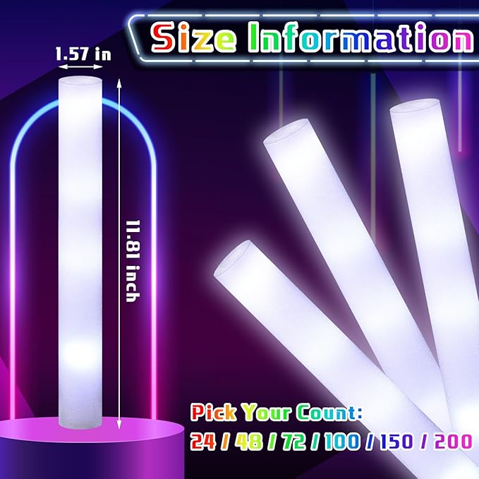 Liliful 48 Pcs LED Foam Sticks Bulk White Light up Sticks Flashing Glow Baton Wands Themed Party Set, Glow in the Dark Party Supplies for Christmas, Valentines Day, Wedding, Birthday, Concert