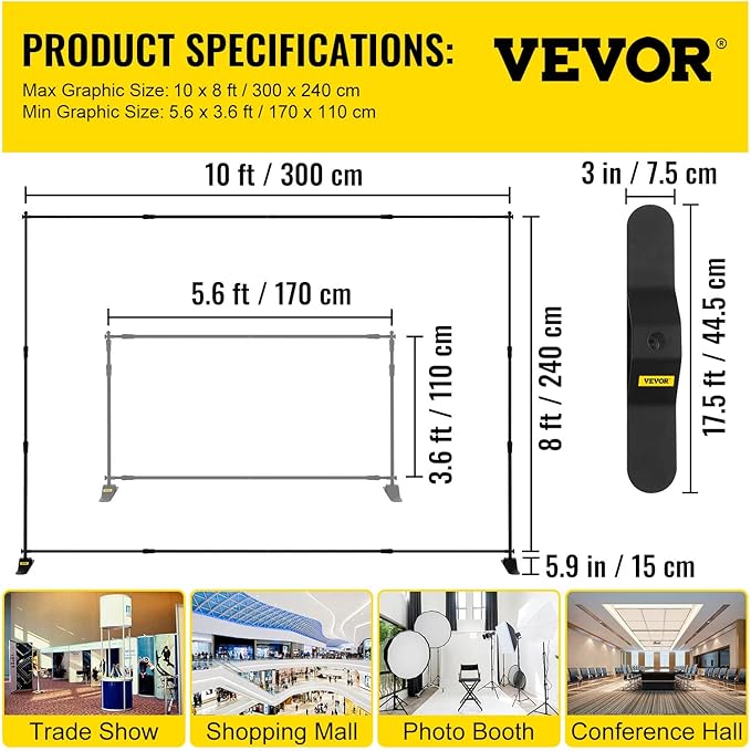 VEVOR Backdrop Stand 10 x 8 Ft, Height Adjustable Background Stand with 1 Carrying Bag, Photo Backdrop for Party Wedding Studio Trade Show