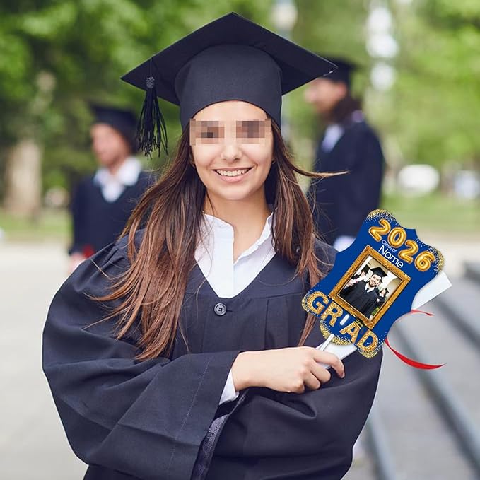 Personalized Graduation Double Sided Face Fan Class of 2026 Customized Graduation Head Face Cutout with Handle Fun Photo Prop Supplies(A-Blue and Gold,24pcs)