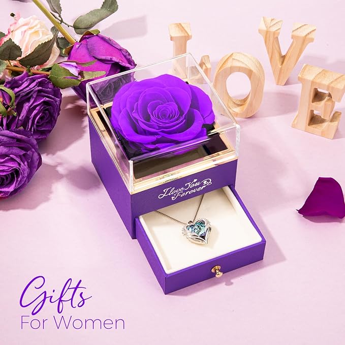 NEWNOVE Preserved Real Purple Rose with Angle Wings Necklace, Valentines Day Flowers Gifts for Mom Grandma Wife Girlfriend, I Love You Gifts for Her, Anniversary or Birthday Gifts for Women