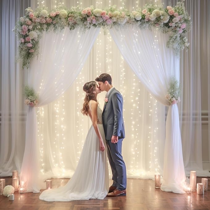 20x10ft White Tulle Backdrop Curtain with Lights String for Parites, Sheer Photo Backdrop Curtains with Lights for Wedding Backdrop Ceremony Reception Bridal Shower Baby Shower Birthday Party