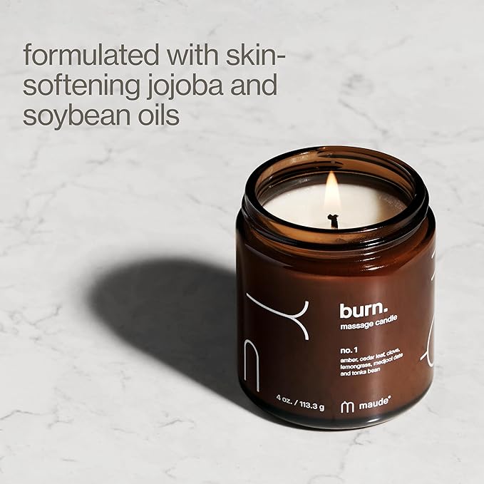 Maude Burn No. 1 - Jojoba Oil Massage Candle with Hydrating, Skin-Softening Soybean Oil - Massage Oil Candle with Notes of Amber, Lemongrass + Tonka Bean - Home + Self Care for Women & Men (4 oz)