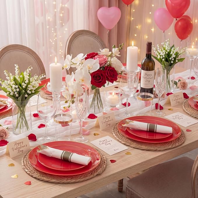 KIRE 350PCS Red Plastic Plates - Heavy Duty Red Plates Disposable - 50Guest Plastic Dinnerware Include 50Dinner Plate,50Dessert Plate,50Pre Rolled Napkins with Silverware for Valentine's Day&Wedding