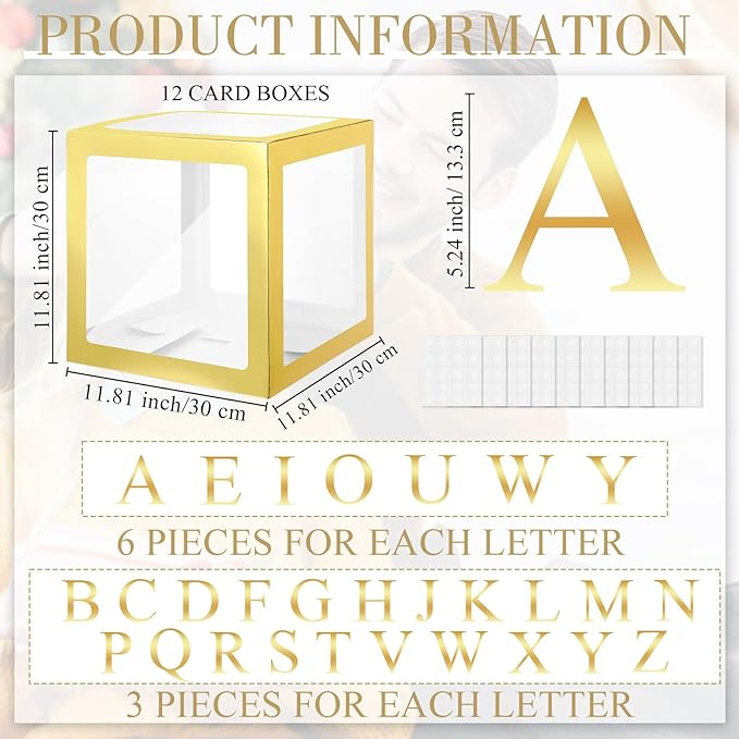 Thyle 12 Pcs Transparent Balloon Boxes Clear Balloon Boxes with 99 Letters for Baby Shower Gender Reveal Grad Birthday Party Bridal Wedding Anniversary Backdrop Decoration (Gold)