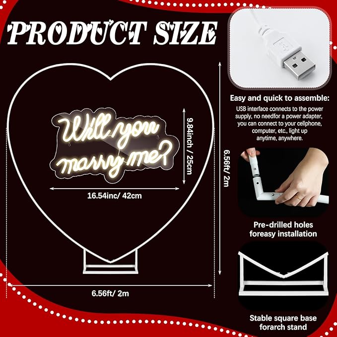 Proposal Decorations Kit Will You Marry Me LED Neon Light Metal Heart Stand Carpet 2000 Rose Petals 30 Artificial Roses for Proposal Wedding Bridal Valentine Engagement Birthday Party(Red)