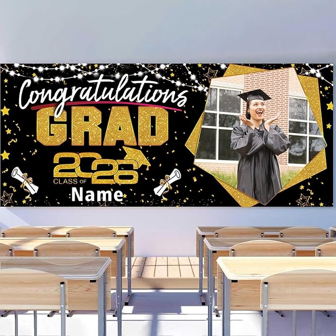 Custom Garaduation Garage Door Banner Cover 16 x 7 ft Class of 2026 Congrats Grad Party Backdrop Personalized Graduation Decoration(Black and Gold)