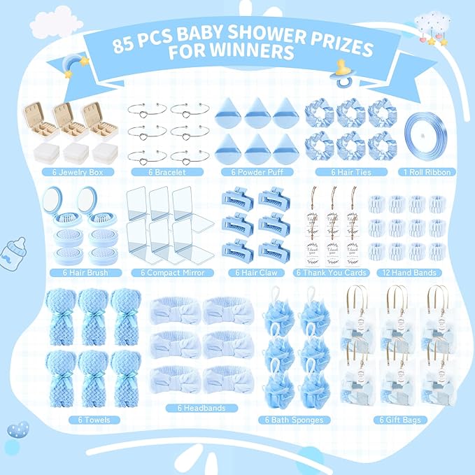 85Pcs Baby Shower Prizes for Game Winners Gifts Baby Shower Favors including Headband Hair Brush Mirrors Jewelry Box with Gift Bag for Baby Shower Game Prizes Wedding Bridal Shower Favors (Blue)