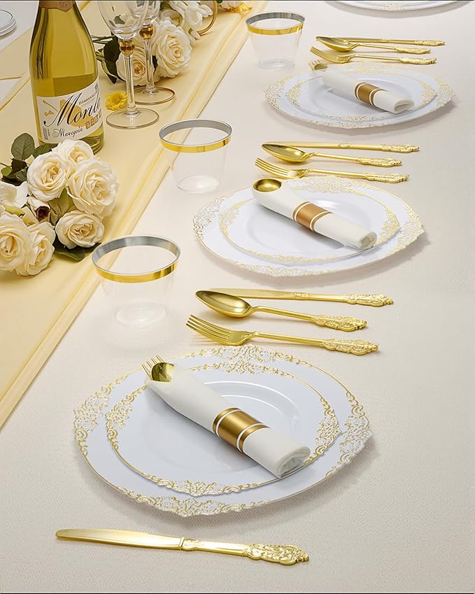 Goodluck 350 Piece Gold Plastic Dinnerware Set for 50 Guests, Fancy Disposable Plates, Include: 100 Gold Rim Plastic Plates, 150 Silverwares, 50 Pre Rolled Napkins, 50 Cups for Party, Wedding