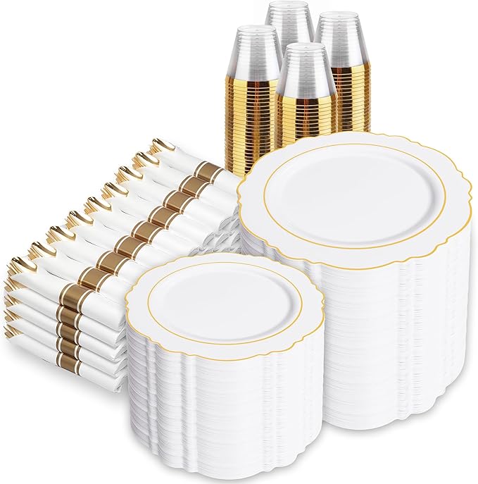 Liacere 700PCS Gold Plastic Plates - Baroque Dinnerware Sets for 100 Guests - 200 Disposable Plates（10inch，7inch）, 300 Gold Plastic Silverware, 100 Cups, 100 Napkins for Wedding & New Year