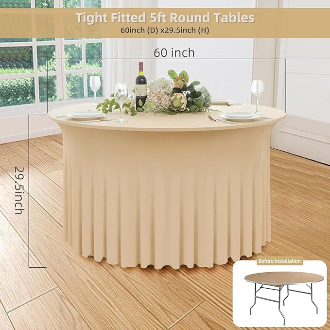8 Pack Champange Spandex Round Tablecloths for 60 inch Tables,120inch Fitted 5FT Stretchy Round Table Cloth,Wrinkle Free Spandex Table Cover with Ruffle Skirtfor Wedding Party Dining Banquet