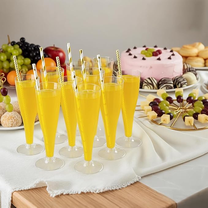 Remerry 200 Pcs Plastic Champagne Flutes 4.5 oz Clear Disposable Champagne Toasting Glass with Paper Straws, Mimosa Cocktail Cup for Valentine, Wedding, New Year, Birthday Party Supplies(Gold)