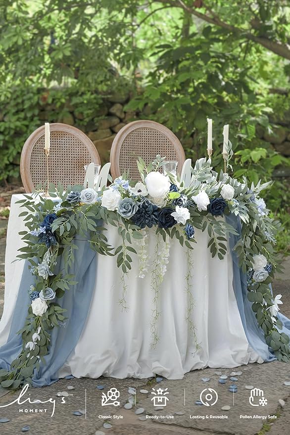 Ling's moment 9FT Spring Flower Garland- Wedding Arch Flowers for Backdrop Decoration, Eucalyptus & Rose, Artificial Floral Garland for Mantle - Sweetheart Head Table Decor for Reception, Dusty Blue