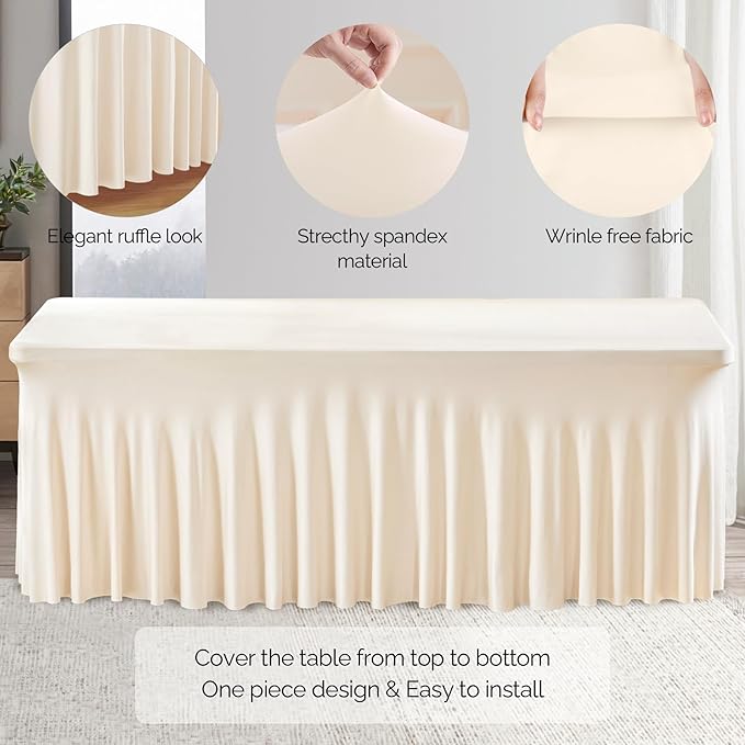 Wish Care 6 Pack Ivory Spandex Table Clothes for 6Foot Rectangle Tables, 6FT Wrinkle Free Fitted Tablecloths Ruffles Design Table Cover for Party, Banquet, Wedding and Events